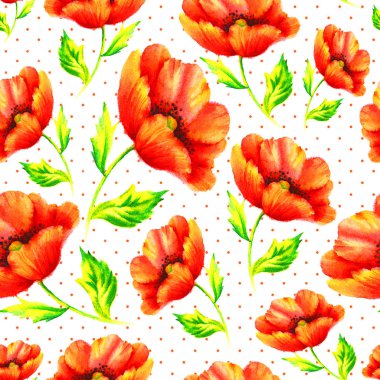 Elle boyanmış kusursuz desenli suluboya kırmızı haşhaş..