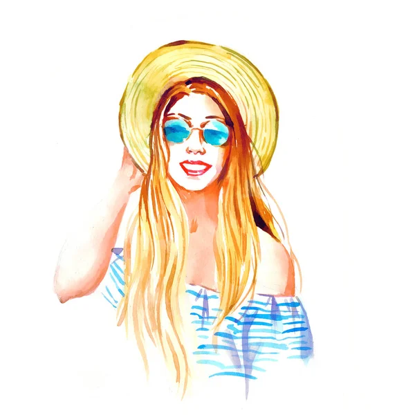 夏の笑顔の女の子 手描き水彩イラスト — ストック写真