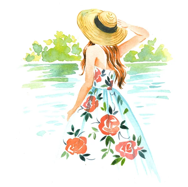 Sommer Mädchen Aquarell Illustration — Stockfoto