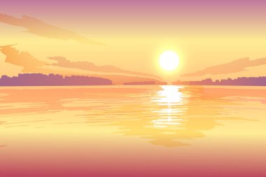 Gölde gün batımı, vektör manzarası arka planı.