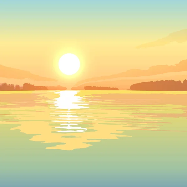 湖の日没、ベクトルの風景の背景. — ストックベクタ
