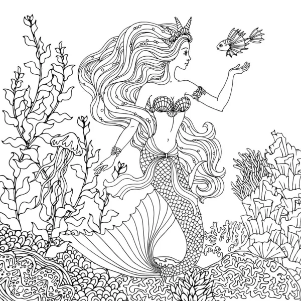 Sirena con peces bajo el mar, ilustración vectorial dibujado a mano en un — Archivo Imágenes Vectoriales