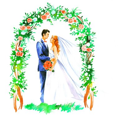 Beyaz arka planda gelin ve damadın suluboya çizimi