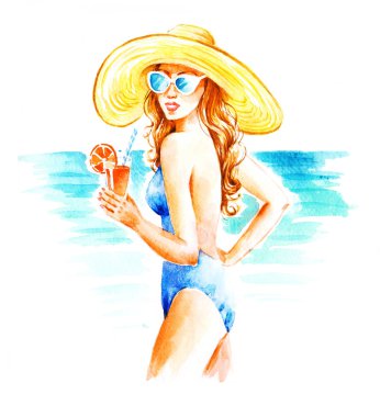 Şapkalı ve mayo giymiş kokteyl ve suluboya resimli bir kız. 