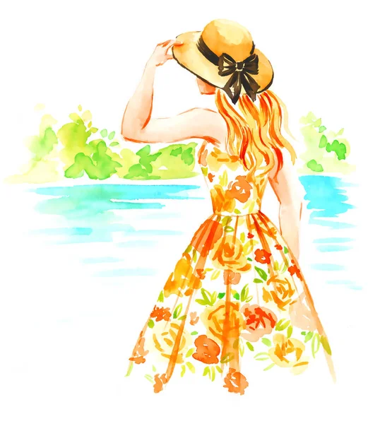 Girl in straw hat and vintage dress near the river, summer watercolor illustration — ストック写真