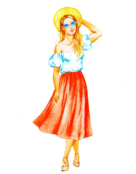 Chica en sombrero de paja y gafas de sol, pantalones cortos, look veraniego, watercol —  Fotos de Stock