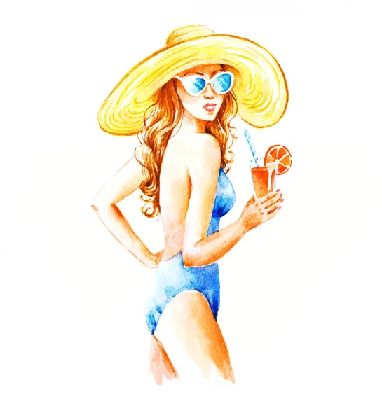 Κορίτσι με καπέλο και μαγιό και γυαλιά ηλίου με κοκτέιλ, watercolo — Φωτογραφία Αρχείου