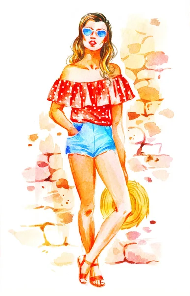 サングラス、夏の表情、水彩画のファッションイラストの女の子 — ストック写真