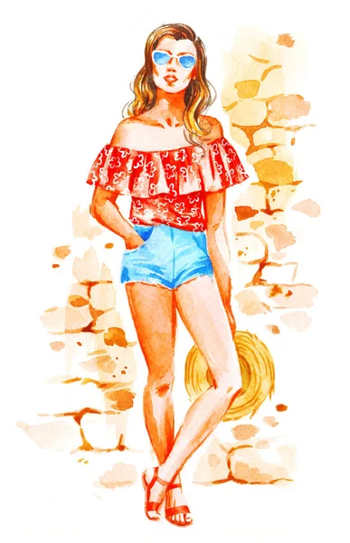 サングラス、夏の表情、水彩画のファッションイラストの女の子 — ストック写真
