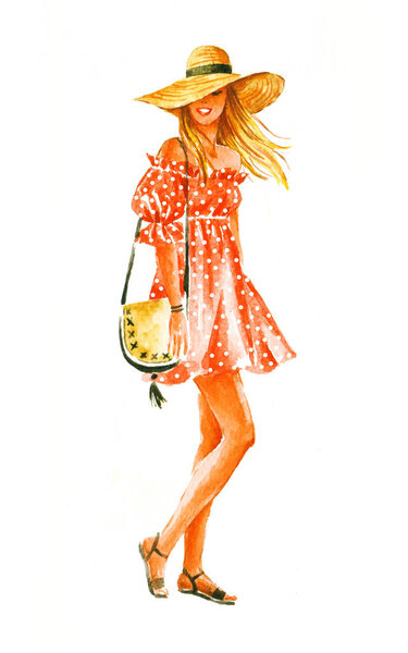 Girl in straw hat and sunglasses, shorts, summer look,  watercol