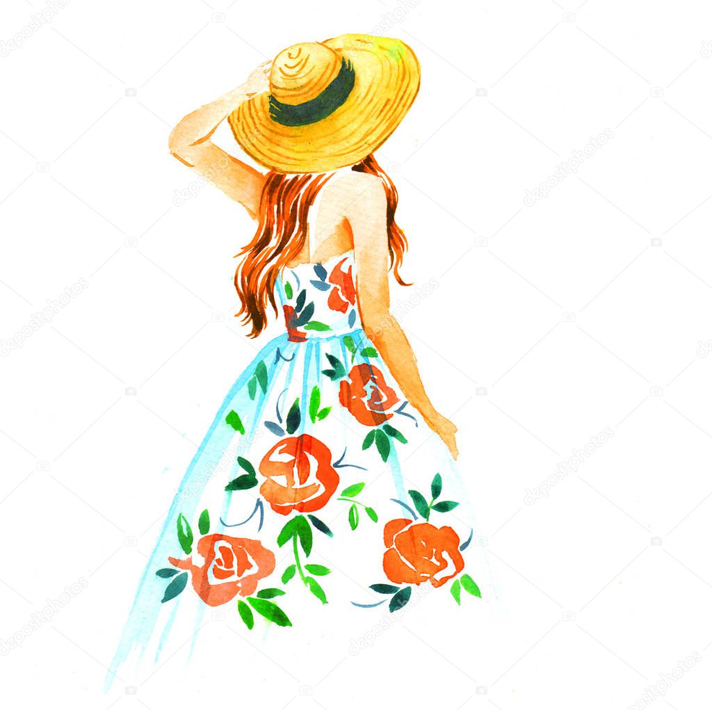 Girl in straw hat and vintage dress, summer watercolor illustration