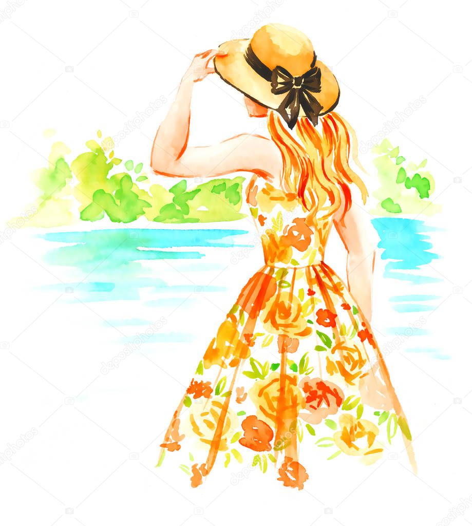 Girl in straw hat and vintage dress near the river, summer watercolor illustration