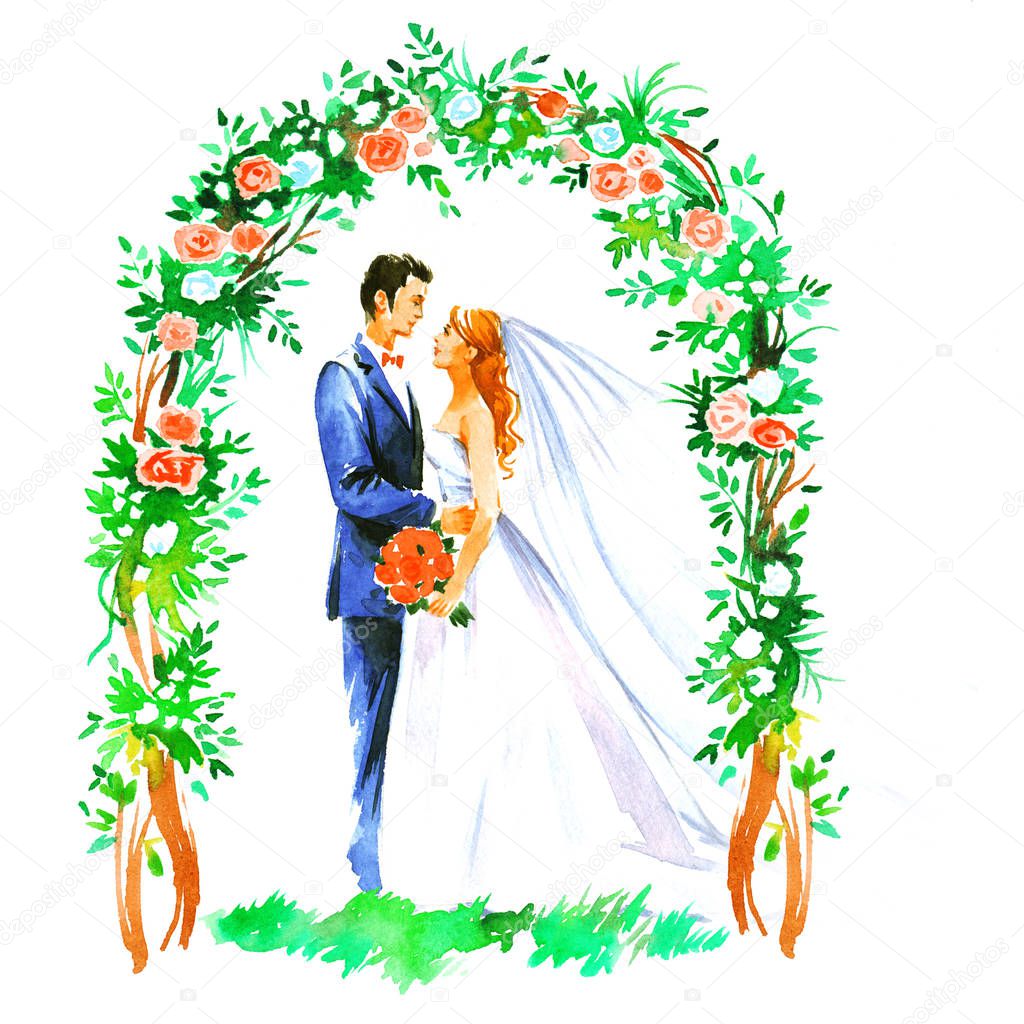 Watercolor illustration of bride and groom on white background w