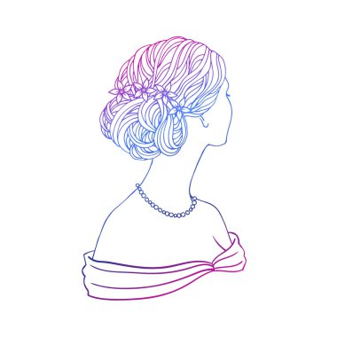 Girl in wedding  hair style with flowers from the back, hand dra