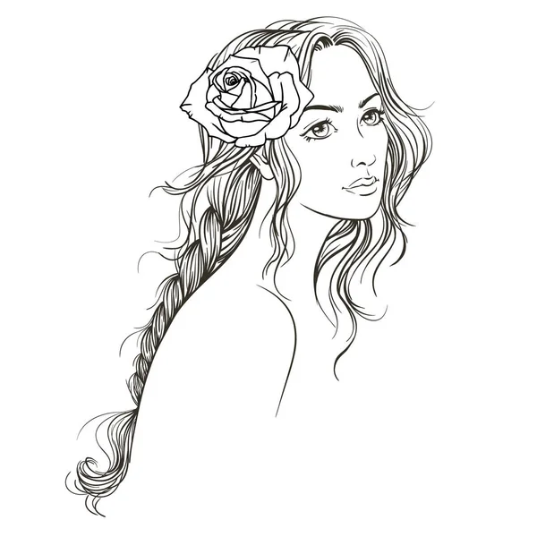 Ručně kreslené mladé krásné ženy s dlouhou kosou, vektorový outlin — Stockový vektor
