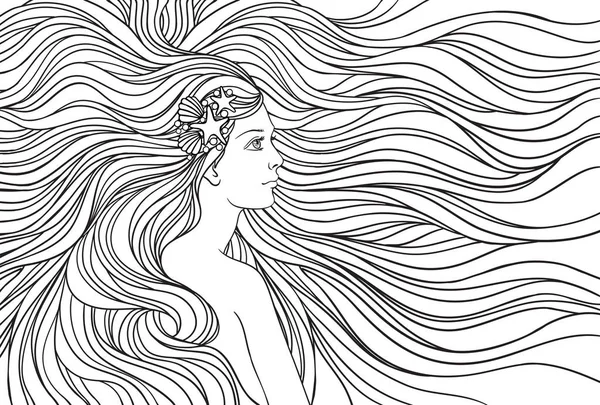 Flicka med strömmande hår, handritad vektor linne illustration. — Stock vektor