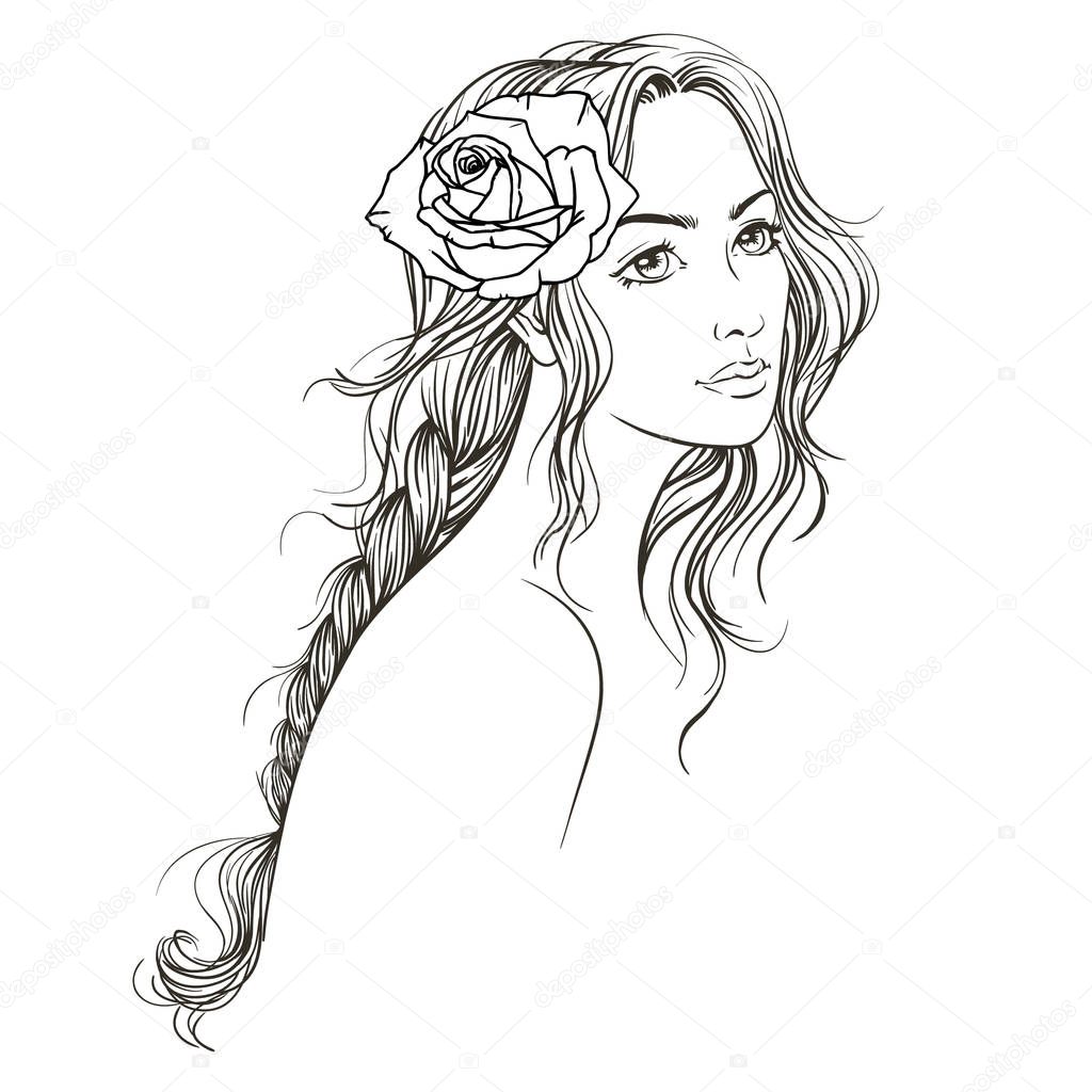 Hand drawn young beautiful women with long scythe, vector outline  illustration