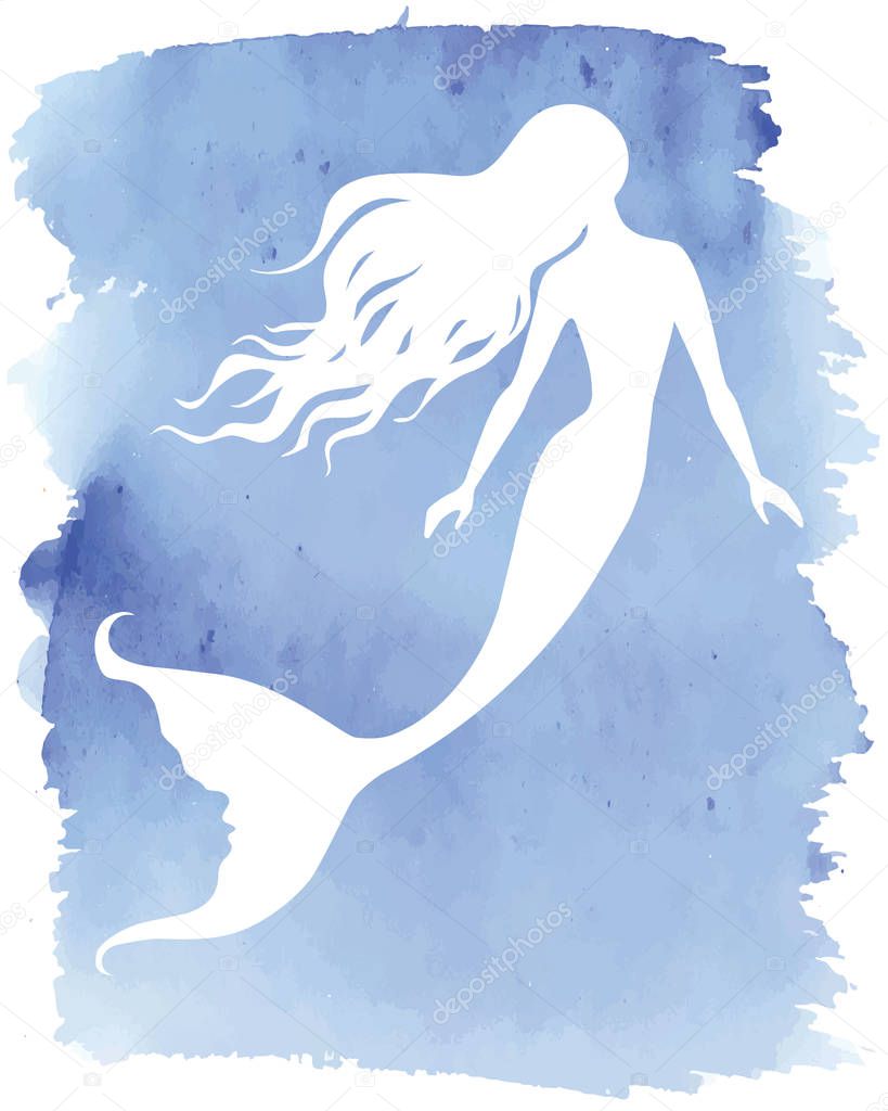 Mermaid  silhouette, hand drawn vector  illustration isolated on blue watercolor spot, logo, t-shirt design.