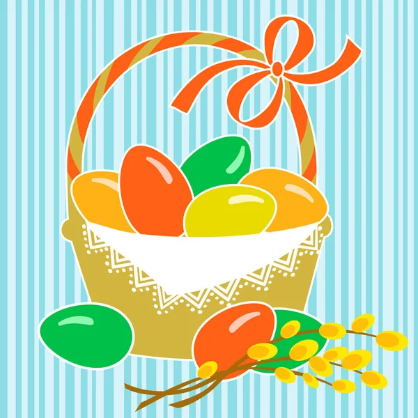 Easter Vector Basket Multicolored Eggs Pussy Willow Branch — Stockvektor