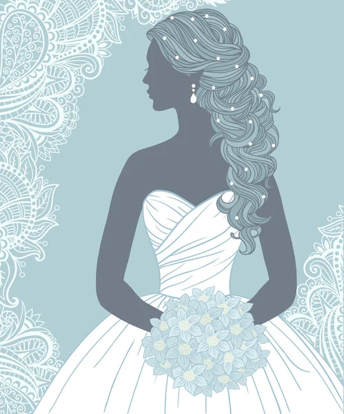 Noiva Com Buquê Perfil Estilo Cabelo Casamento Ilustração Vetorial Desenhada — Vetor de Stock