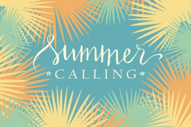 Yaz çağrısı, soyut tropik palmiye yaprakları çerçevesi, yaz tasarımı, afiş, tipografi posteri üzerine el boyası harfleri..