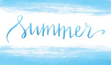 El çizimi yaz mavisi suluboya vektör harfleri beyaz arka plan ve suluboya fırça darbesi üzerine izole. Yaz vektörü posteri.