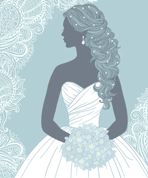 Novia Con Ramo Perfil Estilo Pelo Boda Ilustración Vectorial Dibujada — Archivo Imágenes Vectoriales