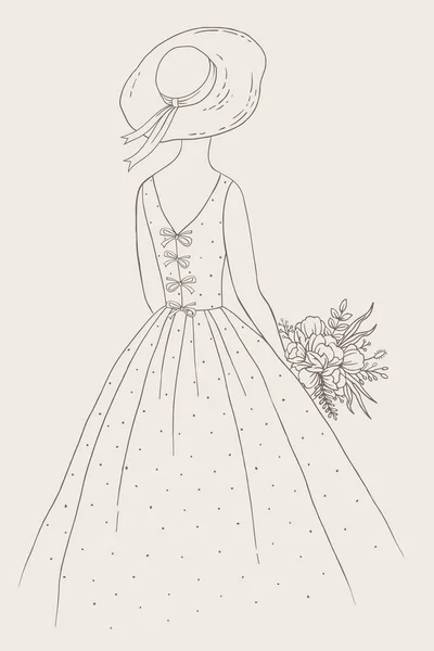 Ragazza Dal Retro Tenendo Bouquet Disegnato Mano Vettoriale Lino Vettoriale — Vettoriale Stock