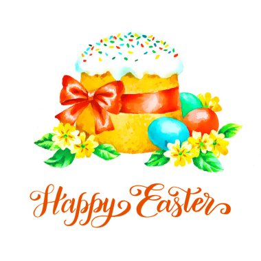 Paskalya pastası, yumurta ve çiçekler, beyaz arka planda elle boyanmış suluboya resimler.. 