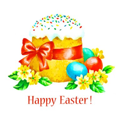 Paskalya pastası, yumurta ve çiçekler, beyaz arka planda elle boyanmış suluboya resimler.. 