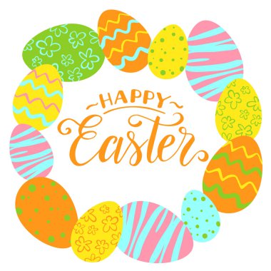 Klasik Paskalya tebrik kartı. Beyaz zemin üzerinde paskalya yumurtaları olan vektör illüstrasyonu.