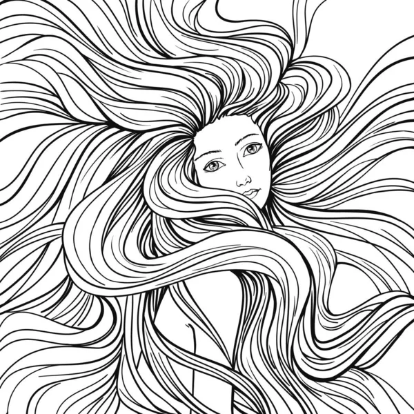 Menina Com Cabelo Streaming Linho Desenhado Mão Ilustração Vetorial Para — Vetor de Stock