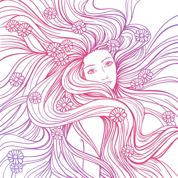Saçı Çiçekli Kız Boyama Kitabı Için Keten Çizimi Vektör Çizimi — Stok Vektör
