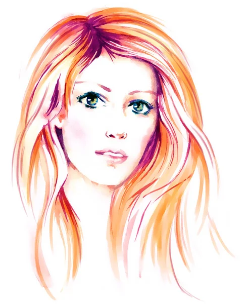 Gyönyörű Fiatal Nők Hosszú Szőke Haj Kézzel Festett Akvarell Illusztráció — Stock Fotó