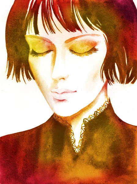 Beautiful young women with short bob haircut hair, hand painted watercolor portrait  illustration.