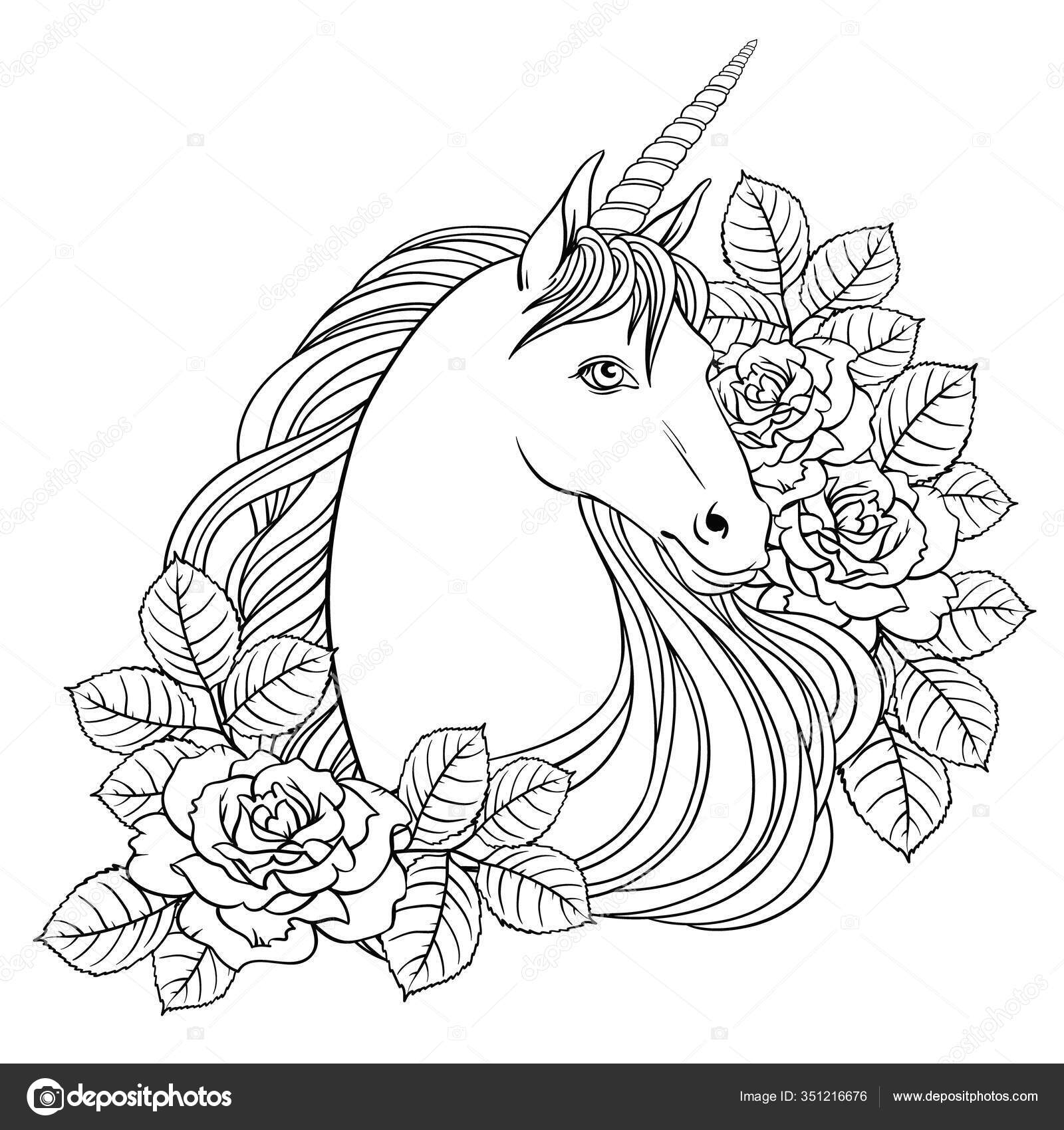 Licorne Roses Illustration Lin Vectoriel Dessinée Main Pour Logotype