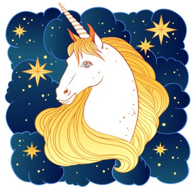 Tek boynuzlu at bulutları ve yıldızlar, logoti, baskı, tişört tasarımı, tebrik kartı için vektör çizimi.