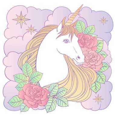 Tek boynuzlu at bulutları ve güller, logoti için el çizimi vektör çizimi, tişört tasarımı, tebrik kartı.