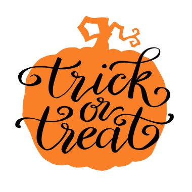 Şeker mi şaka mı, balkabağına el yazması harfler mi? Mutlu Cadılar Bayramı için metin pankartı veya arkaplan, el çizimi vektör illüstrasyonu.