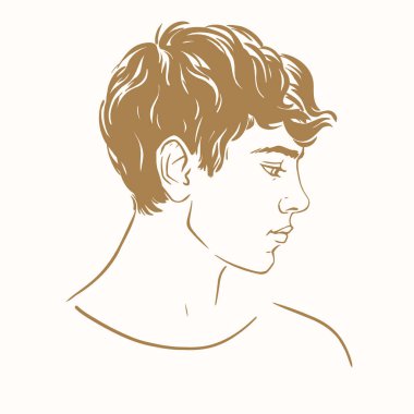 Kısa kıvırcık saçlı genç adamın profili, el çizimi taslağı moda saç stili illüstrasyonu..