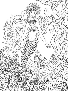 Denizaltı kızı, boyama kitabı için beyaz arkaplan üzerine el çizimi keten vektör çizimi.