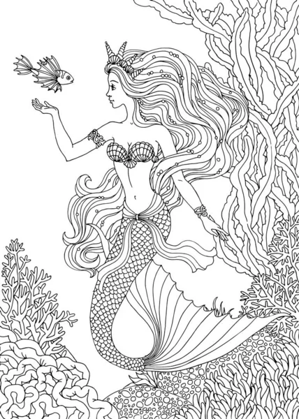 マーメイド海底 手描きベクトルイラスト上の白い背景用ぬり絵 — ストックベクタ