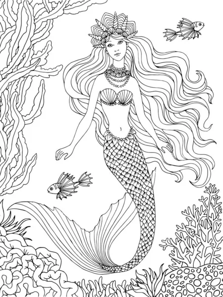 Meerjungfrau Unter Wasser Handgezeichnete Leinenvektorillustration Auf Weißem Hintergrund Für Malbuch — Stockvektor