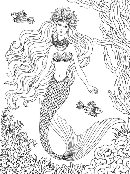 マーメイド海底手描きリネンベクトルイラスト上の白い背景用ぬり絵 — ストックベクタ