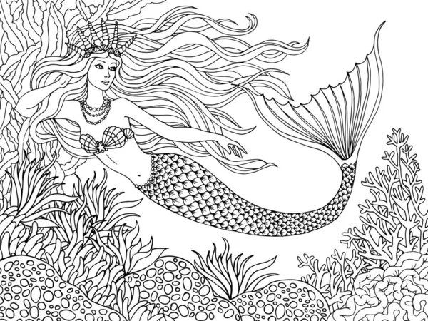 Sirena Nadando Bajo Mar Ilustración Vectores Lino Dibujado Mano Sobre — Archivo Imágenes Vectoriales