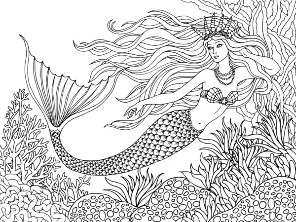 Meerjungfrau Schwimmt Unter Wasser Handgezeichnete Leinenvektorillustration Auf Weißem Hintergrund Für — Stockvektor