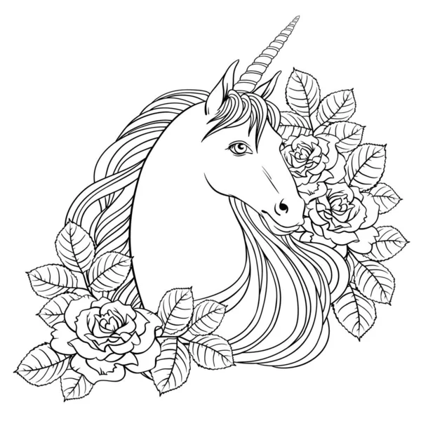 Unicorn Roses Hand Drawn Vector Linen Illustration Logotype Coloring Book — Stock Vector