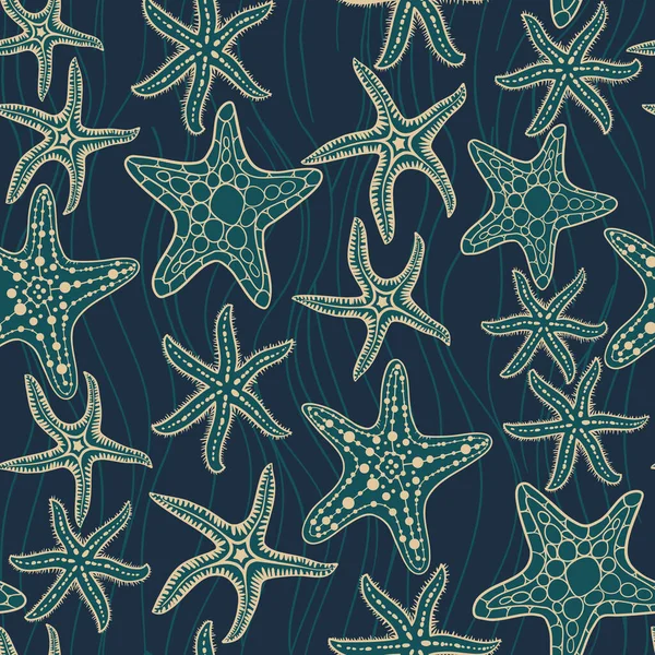 Sea Stars Hand Drawn Vector Seamless Pattern Marine Summer Background — Stock Vector