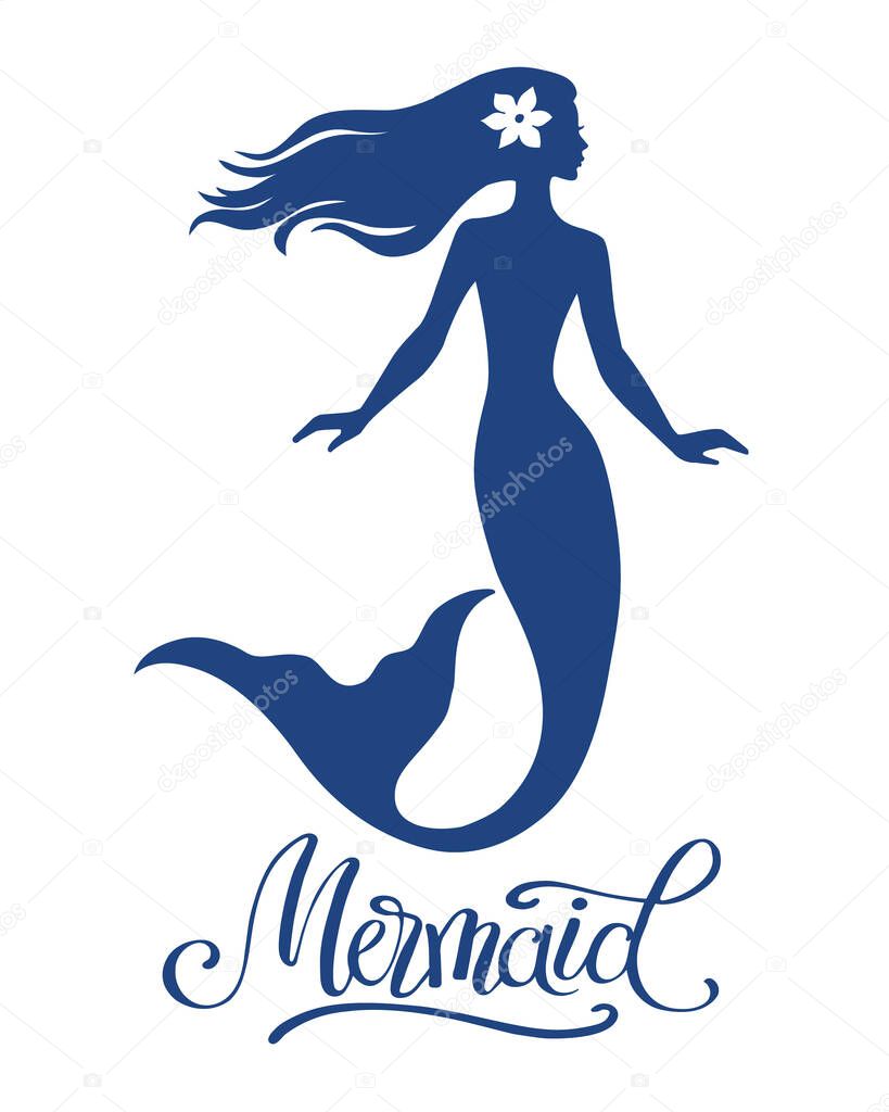 Mermaid  silhouette, hand drawn vector  illustration isolated on white, logo, t-shirt design.