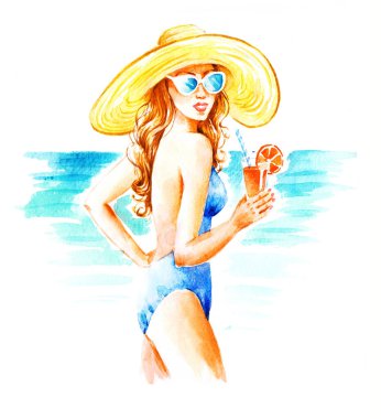Şapkalı, mayolu, kokteylli güneş gözlüklü, beyaz arka planda elle boyanmış suluboya resimli bir kız..